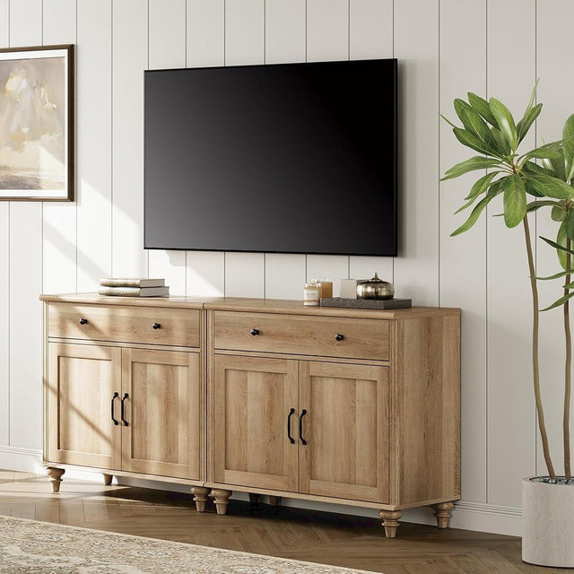 WAMPAT Farmhouse TV Stand for 75 inch TV with 4 Doors and 2 Drawers, Wood Universal TV Stand with Storage Cabinets, Oak Entertainment Center TV Console Table for Living Room, Bedroom