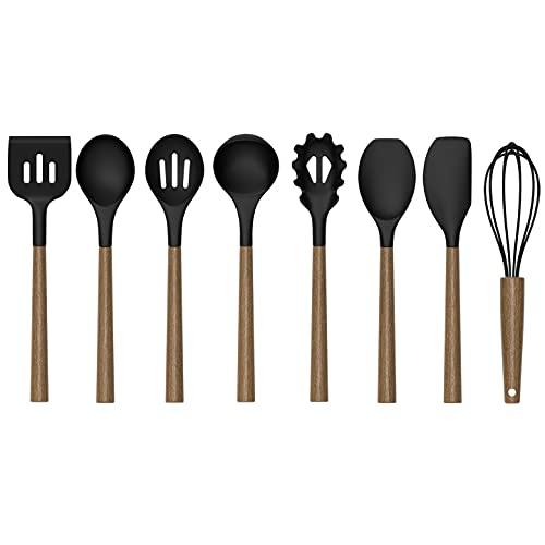 Silicone Kitchen Cooking Utensil Set, 9Pcs Kitchen Utensils Spatula Set with Wooden Handle for Nonstick Cookware, 446°F Heat Resistant Silicone Kitchen Gadgets Utensil Set with Large Holder（Black）