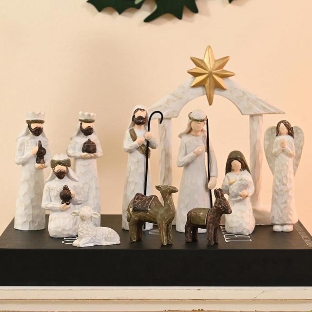 AOMOONOA White Nativity Set, Resin Small Christmas Nativity Figurine, 11Pcs Miniature Nativity Scene, Modern Holy Family Manger Scene Tabletop Nativity Figurines for Christmas Indoor Decor