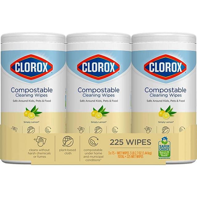 Clorox Compostable Cleaning Wipes - All Purpose Wipes - Simply Lemon, 75 Count (Pack of 3)