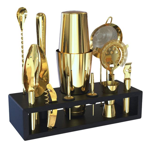 Highball Chaser Gold Plated Bartender Kit with Black Bamboo Stand Boston Shaker Cocktail Shaker Set with Stainless Steel Bar Tools