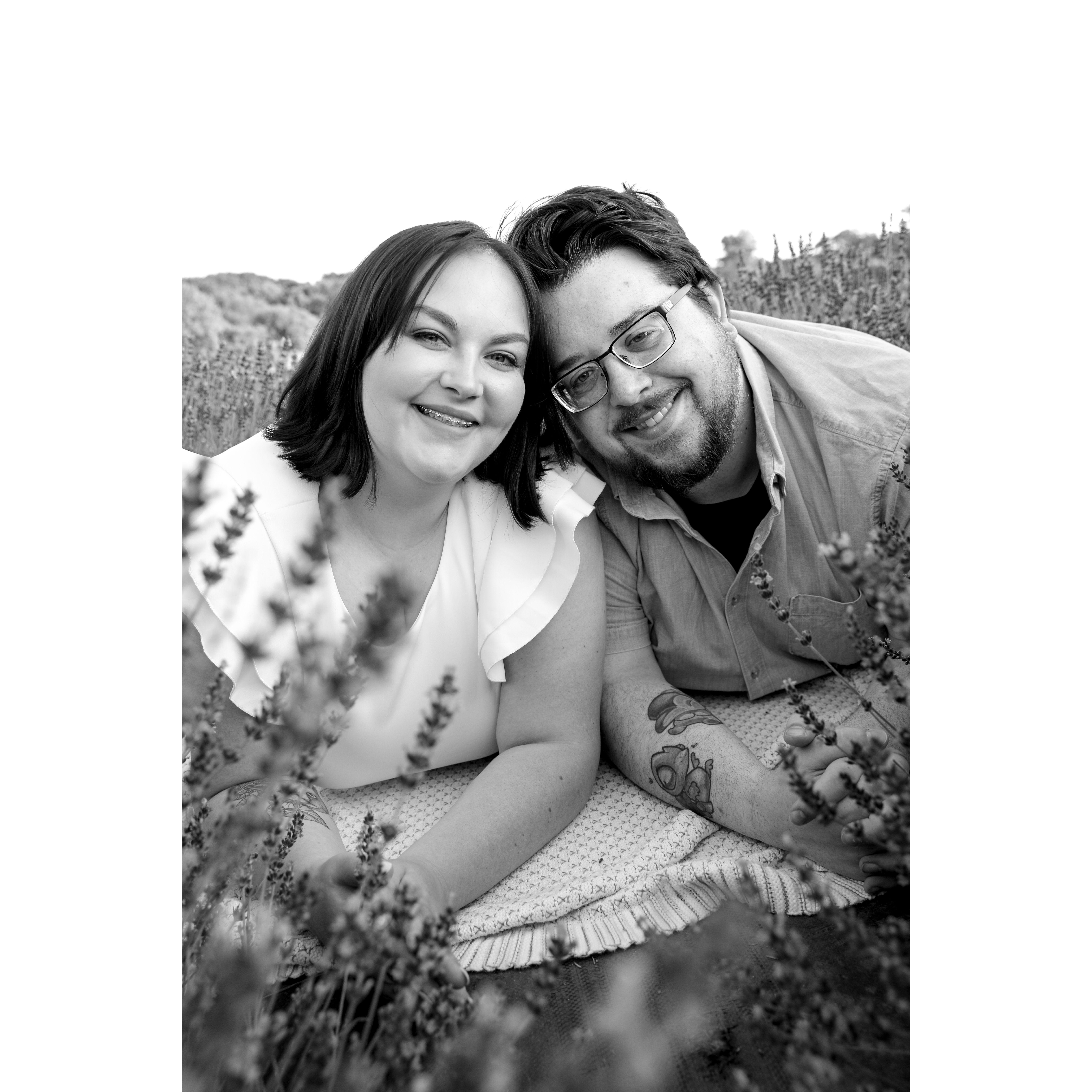 Engagement photoshoot at Sunset Ridge Lavender Farms. Photographer was Bloom Photography, LLC