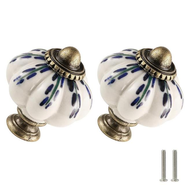Zernmiarder Ivory Pumpkin Knobs 2 Pack Ceramic Cabinet Knobs Vintage Drawer Pulls - Antique Dresser Pulls with Screws - Blue Willow Leaf