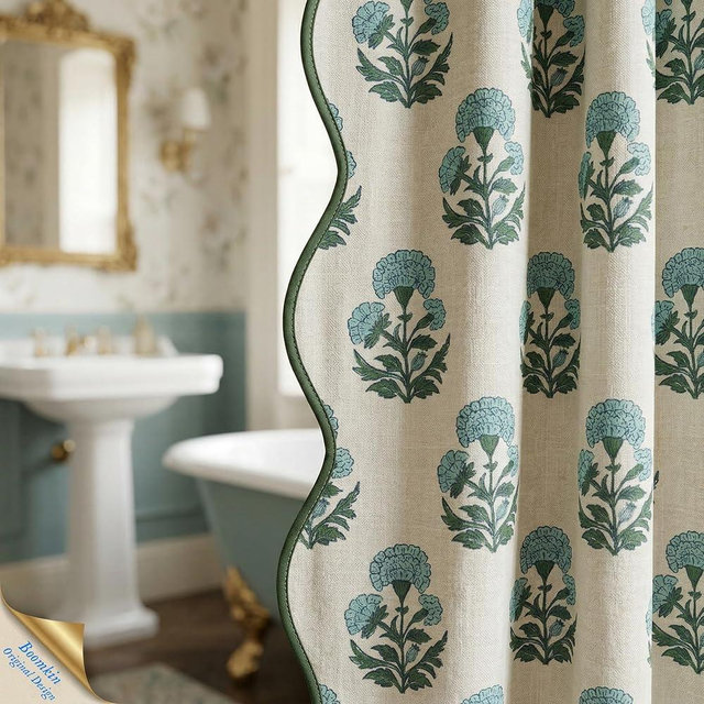 Boomkin Block Print Shower Curtain Blue and White Shower Curtain Set Linen Textured with 12 Hooks Vintage Floral Grandmillennial Bathroom Decor for Vintage Farmhouse Frenchy Bathroom (72''W x 72''L)