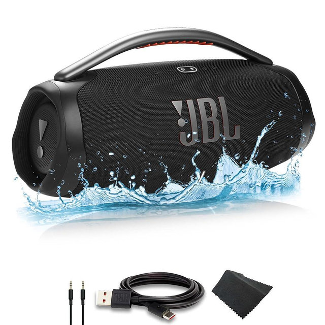 JBL Boombox 3 - Portable Bluetooth Speaker, IPX7 Waterproof, 24 Hours of Playtime (Black) (JBLBOOMBOX3BLKAM) + AUX Cable + USB-C Cable + Microfiber Cloth