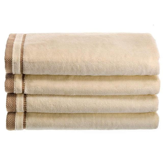 Creative Scents Cotton Velour Fingertip Towel Set- 4 Pack - 11 by 18 Inches Decorative Extra-Absorbent and Soft Velour Towel for Bathroom and Powder Room (Cream with Embroidered Brown Trim)