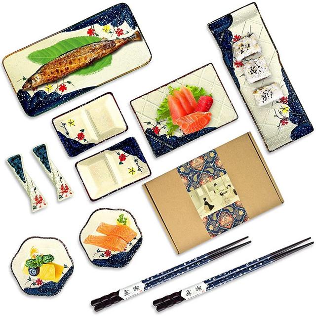 Artcome 11 Piece Japanese Style Ceramic Sushi Plate Dinnerware Set for Wedding Housewarming with 3 Sushi Plates, 2 Sauce Dishes, 2 Side Dish Bowls, 2 Pairs of Chopsticks, 2 Chopsticks Holders (Blue)