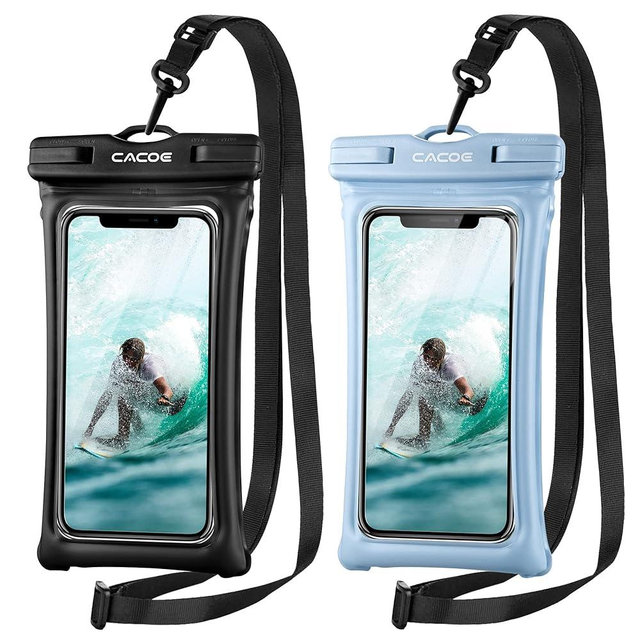 CACOE [Floatable] Floating Universal Waterproof Phone case 2 Pack-Up to 7.0",Phone Pouch with Adjustable Neck Lanyard,IPX8 Cellphone Dry Bags for Vacation Water Activities（Black+Light Blue）