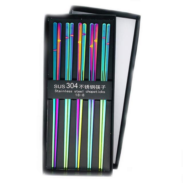 Koolemon 5pairs Polished Multicolor Rainbow 304 Stainless Steel Chopsticks Set,Metal Chopsticks Reusable, Dishwasher Safe, Traditional Chopstix,9.5inch