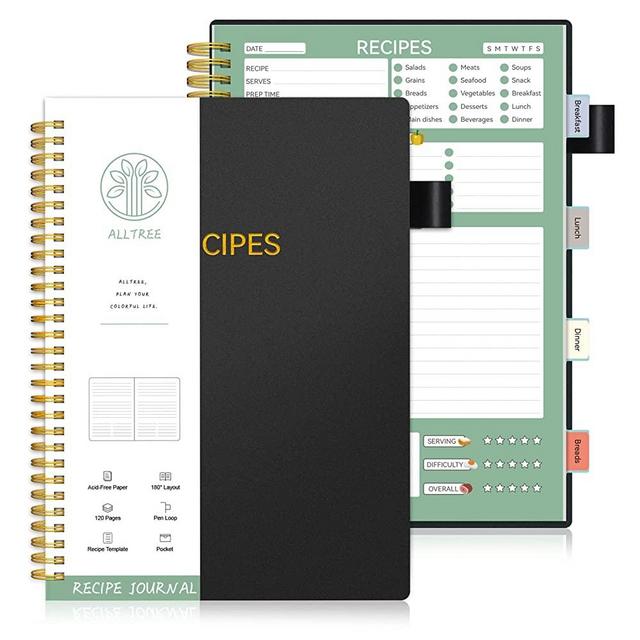 Recipe Book to Write in Your Own Recipes, Sprial Personal Blank Recipe Book, ALLTREE Blank Recipe Notebook with 15 Tabs for Family Cooking Lover, 120 Pages Recipe Organizer, Black(7"x10")