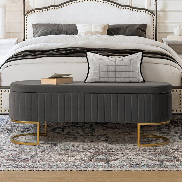 EcoHarbor Living 50" Storage Bench Velvet Bedroom Ottoman,Upholstered End of Bed Bench with Gold Legs,Flipping Lid Entryway Footrest