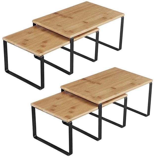 SONGMICS Cabinet Shelf Organizer, Set of 4 Kitchen Counter Shelves, Stackable, Expandable, Metal and Bamboo, Black and Natural UKCS10NB