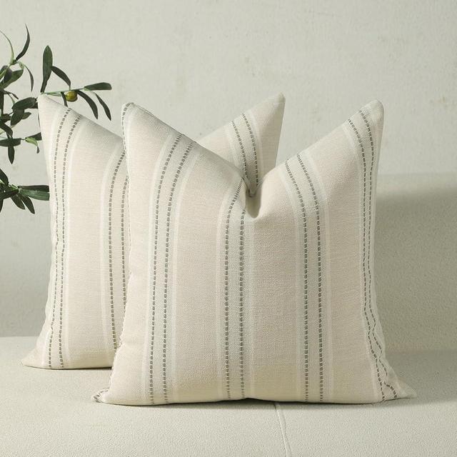 Hckot Throw Pillow Covers 20x20 Set of 2 Striped Pillow Covers Textured Linen Decorative Pillows Square Cushion Covers for Sofa Couch Bed Living Room Farmhouse Decor,Greyish Green