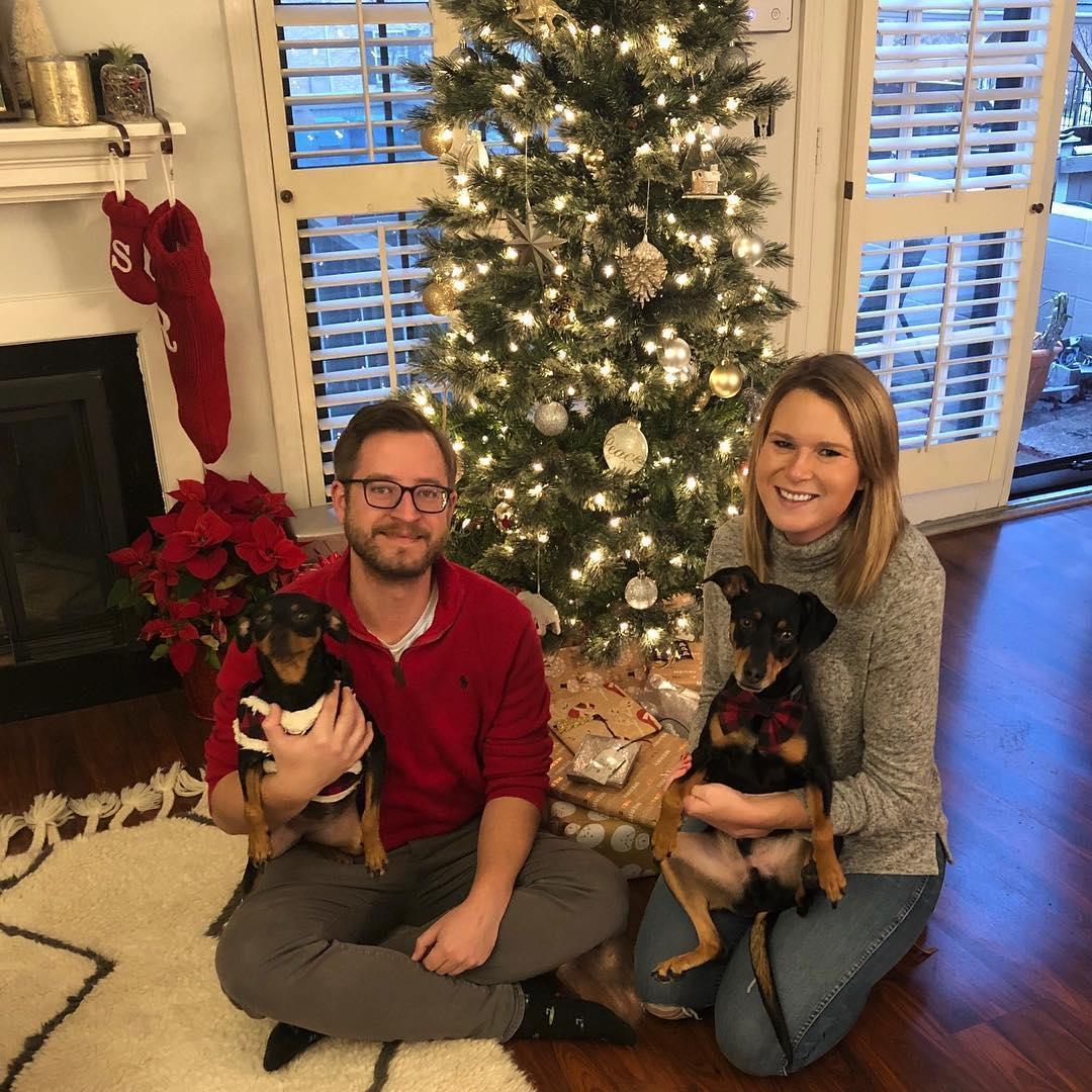 With their beloved fur children, Bob Barker and Princess Simone, on Christmas in 2018.