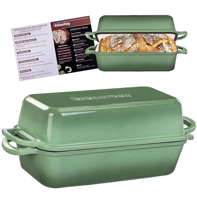 Articasting 11x5 Inch Cast Iron Loaf Pan With Lid, 5.8 Qt Large Loaf Pans for Sourdough Bread Baking, Heavy Duty Dutch Oven Bread Pan For a Crispy Crust, Pistachio
