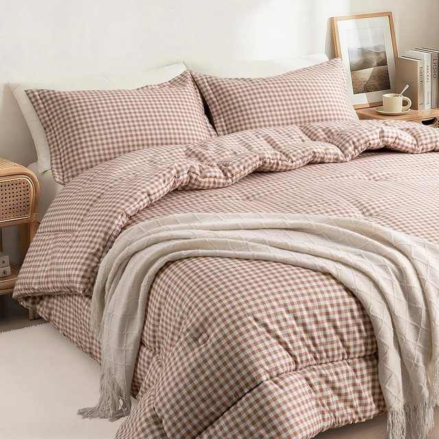 SunNewt Comforter Set 3 Pieces,Cute Gingham Plaid Checkered Down Alternative Comforter & 2 Pillow Shams,Breathable Soft Grid Pattern Farmhouse Bedding Set All Season (Tan Gingham, Queen)