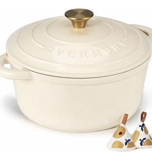 Overmont Enameled Cast Iron Dutch Oven - 5.5QT Pot with Lid Cookbook & Cotton Potholders - Heavy-Duty Cookware for Braising, Stews, Roasting, Bread Baking white