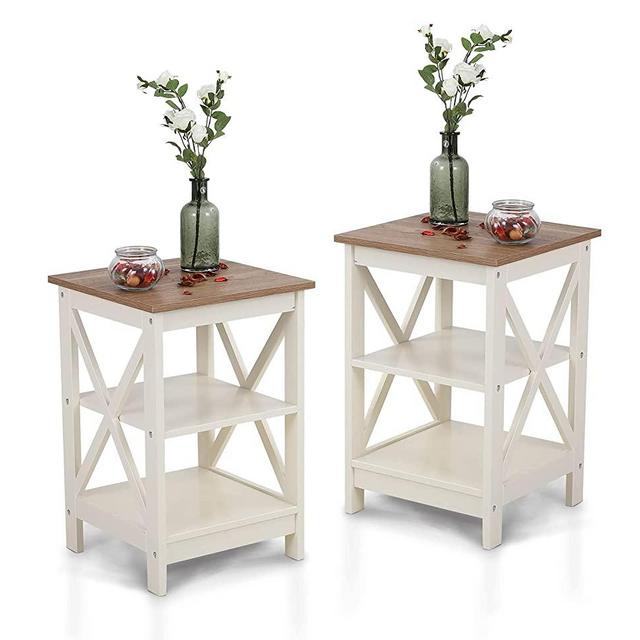 MAISON ARTS 3-Tiers Farmhouse End Tables Set of 2 with Storage Rustic Nightstands Modern Side Tables for Living Room Bedroom, Wood Look Mid Century Accent Furniture, Easy Assembly, Ivory