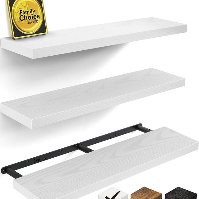 BAYKA Floating Shelves for Wall, 36 inches Wall Mounted Rustic Wood Shelves for Bathroom, Bedroom, Living Room, for Storage/Decor with 30lbs Capacity（White,Set of 3