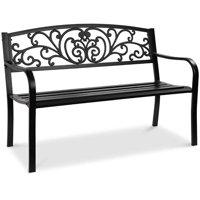 Best Choice Products 50in Steel Garden Bench for Outdoor, Park, Yard, Patio Furniture Chair w/Floral Design Backrest, Slatted Seat - Black