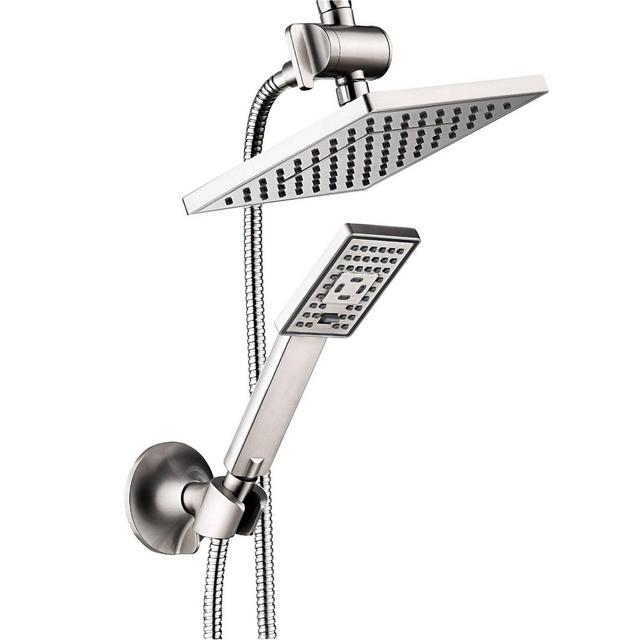 BRIGHT SHOWERS Rain Shower Head Combo, 8" Rainfall Shower with Handheld Spray, 60" Hose, 3-Way Diverter, Wall Bracket, Brushed Nickel