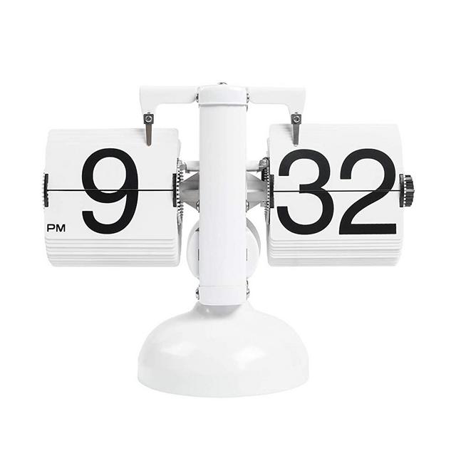 mooas Flip Desk Clock (White), Retro Vintage Design Auto Flip Clock Desk Clock Table Clock Large Number Battery Powered Internal Gear Operated Home Décor Ideal for Home Office School Hotel Café