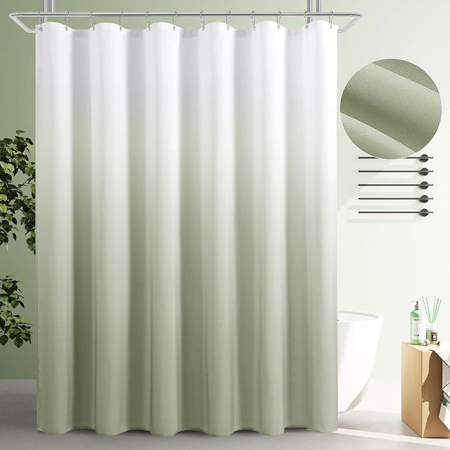 Sage Green Shower Curtain，Polyester Ombre Shower Curtains for Bathroom，Green and White Gradient Fabric Bathroom Decor Bath Set, Washable，72 x 72