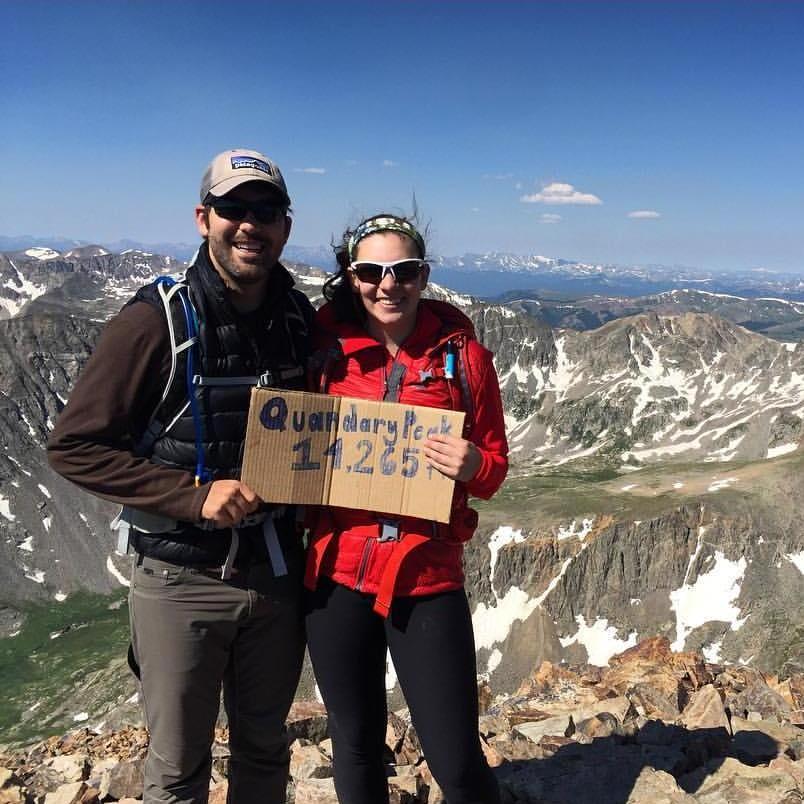 On top of Quandary peak, one of the iconic 'fourteener' mountains in Colorado, on our first anniversary.