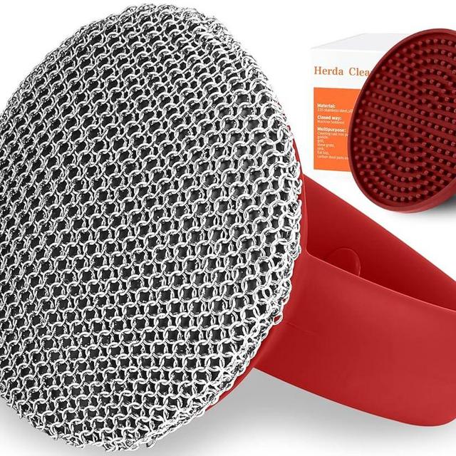 Cast Iron Cleaner Brush with Handle, Soldered Fine Chainmail Scrub Brush+Tray - Small Ring Chain Link Pan Pot Scrub Metal Brush to Clean Iron Skillet Steel Wool Scrubber Stainless Steel Cleaner Sponge