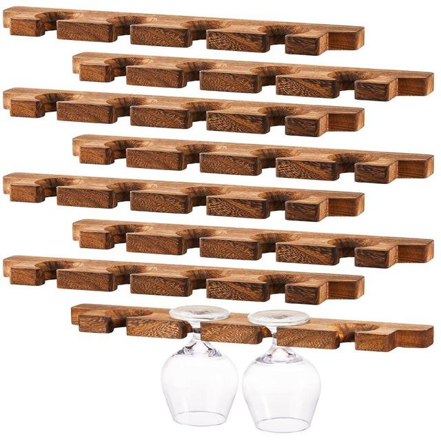 Ripeng Wood Wine Glass Holder Wall Mounted Rustic Stemware Rack Hanging Shelf Champagne Holder Wood Floating Glassware Holder for Kitchen Bar Organizer Halloween (8 Pcs,17 x 3 x 0.8 Inch)