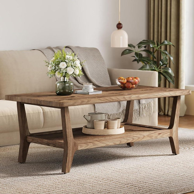 LITTLE TREE Solid Wood Coffee Table with Storage, 2-Tier Shelf Living Room Table, Rounded Corners, Lightweight Design, Easy Assembly, 23.6" D x 47.2" W, Light Terracotta Brown