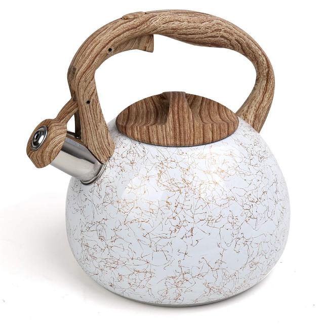 Flantor Stainless Steel Whistling Tea Kettles, 2.5 Quart Teapot with Anti-heat Wood Grain Silicone Handle - Whistling Stainless Steel Tea Pot Modern Tea Kettles