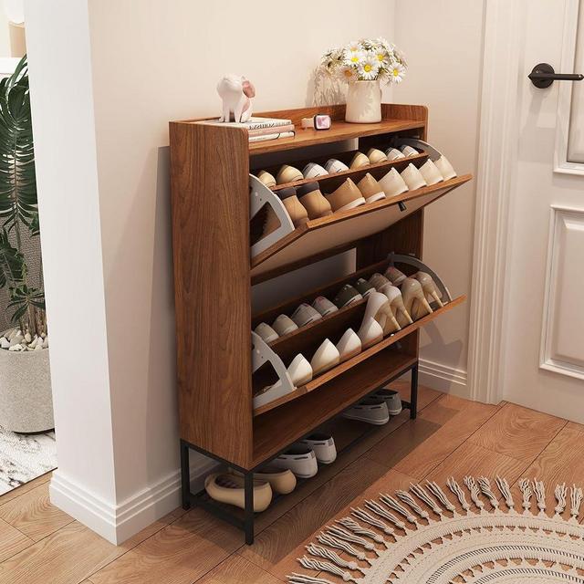 AVZEAR Shoe Cabinet, Shoe Cabinet Freestanding Tipping Bucket Shoe Rack Organizer with 2 Flip Drawers, Modern Entryway Narrow Shoe Rack for Entryway, Hallway, Bedroom (Walnut)