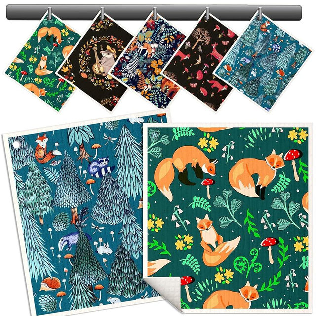 Miss Adola Swedish Dishcloths for Kitchen Reusable Swedish Cloths for Washing Dishes Absorbent Fast Drying No Odor Cleaning Swedish Sponge Decorate 5Pack Washable Swedish Towels, Animal Forest
