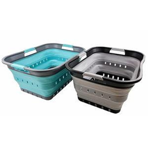 SAMMART 42L (11 gallon) Set of 2 Collapsible Plastic Laundry Basket - Foldable Pop Up Storage Container/Organizer - Portable Basket - Space Saving Hamper/Basket (Alloy Grey + Crystal Blue)