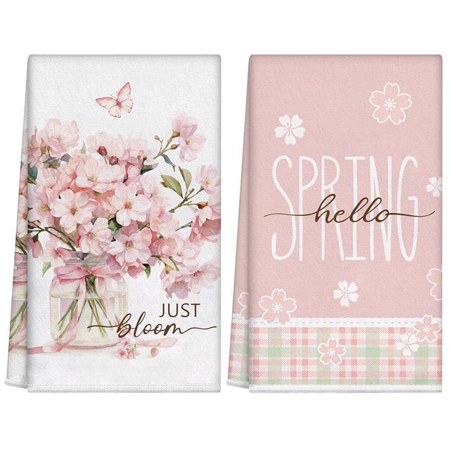 Hello Spring Kitchen Towels Sets of 2, Pink Cherry Blossoms Dish Towel with Butterfly Sakura Flower, 17x26 Inch Floral Hand Towels for Kitchen, Spring Summer Gifts Decor for Home Farmhouse