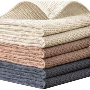 QUILTINA Dish Towels Set, 100% Cotton Waffle Weave Kitchen Towels 6 Pack, 17 x 25 Inches, Super Absorbent for Drying and Cleaning, Beige, Brown, Dark Grey
