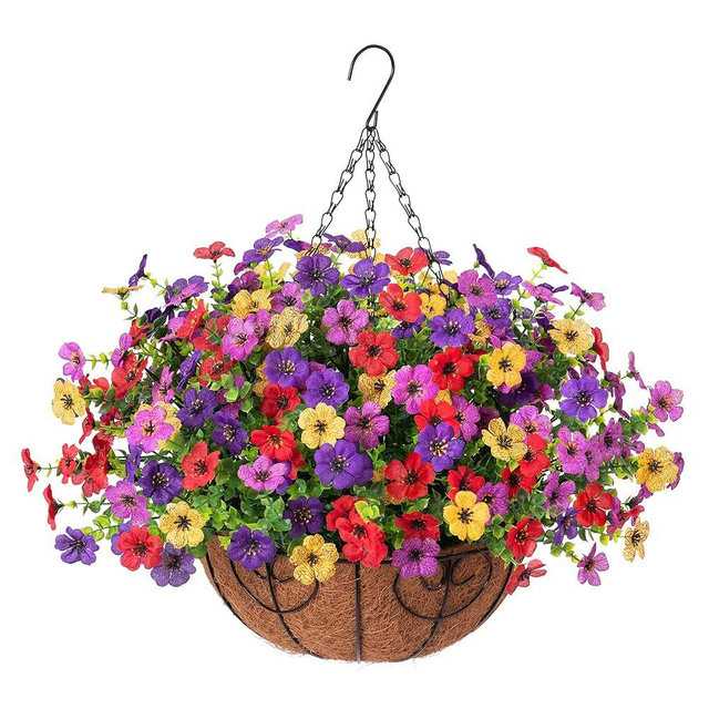 Ammyoo Artificial Faux Hanging Plants Flowers Basket for Spring Outdoor Decoration, Fake Silk Daisy UV Resistant Look Real with Eucalyptus Leaves Summer Outside Decor for Home Patio Garden
