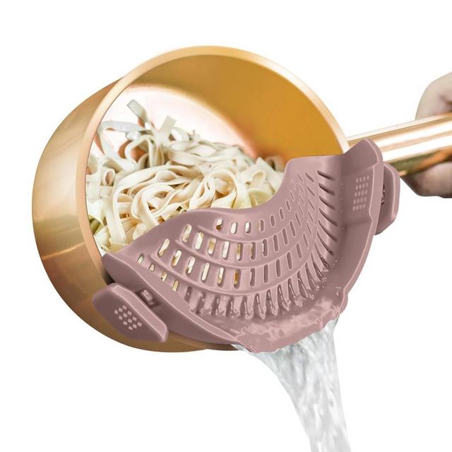 AUOON Clip On Strainer Silicone for All Pots and Pans, Pasta Strainer Clip on Food Strainer for Meat Vegetables Fruit Silicone Kitchen Colander (Almond Rose)