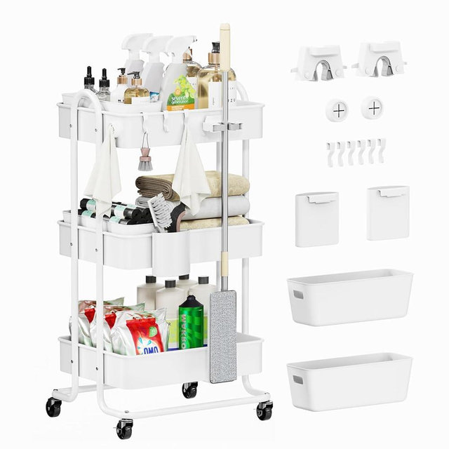 MAYBOSS 3 Tier Metal Rolling Utility Cart Organizer, Cleaning Supplies Carts with Lockable Wheels, Hanging Cups, Baskets, Mop Holder Hooks, Kitchen Storage Trolley Cart Laundry Garage Bathroom, White