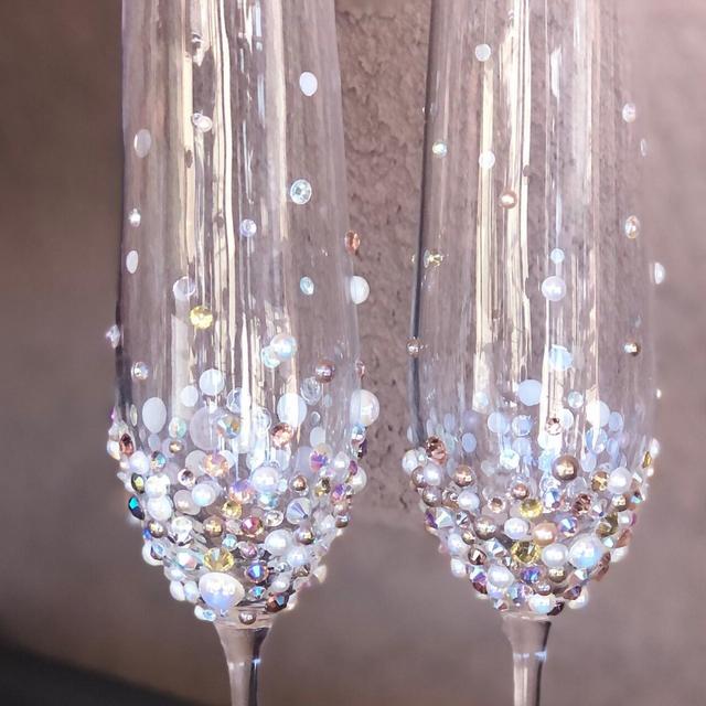 Champagne Flutes For Wedding with Crystals and Pearls in Pastel Shades. Set Of Two Flutes.