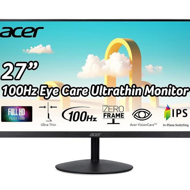 Acer SB272 EBI 27" Full HD (1920 x 1080) IPS Zero-Frame Gaming Office Monitor | AMD FreeSync Technology | Ultra-Thin Stylish Design | 100Hz | 1ms (VRB) | Low Blue Light | Tilt | HDMI & VGA Ports