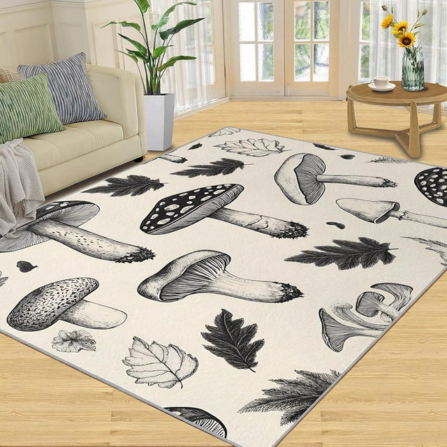 Hand Drawn Mushrooms Rugs for Bedroom, Mushroom Print Area Rug, Art Plants Rugs for Living Room, Indoor Non-Slip Rug, Machine Washable Carpet for Front Entrance Floor Decor 5x6ft