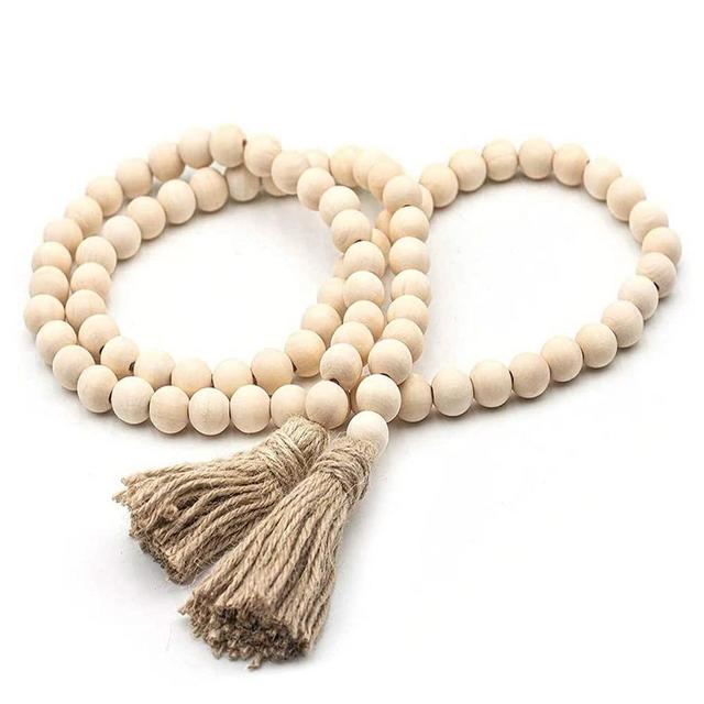 HCCY Wood Bead Garland 57" Farmhouse Country Beads with Tassles Wall Hanging Decor