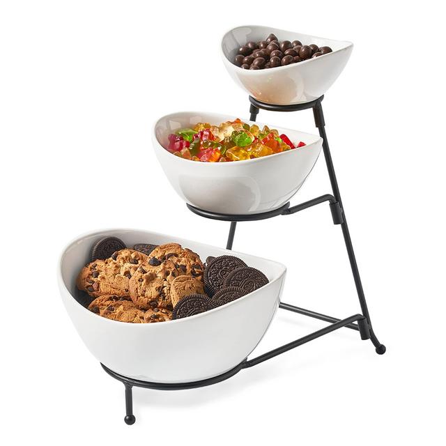 3 Tier Oval Bowl Set with Collapsible Thicker Metal Stand, 3 Oval Porcelain Bowls Set and Tiered Serving Rack for Dessert Candy Chip Dip (Black)