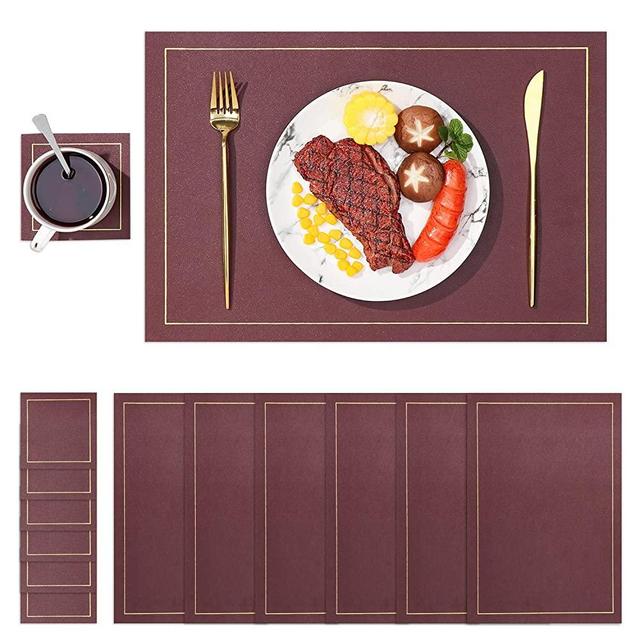 DYJKOUG Faux Leather Placemats and Coasters Set of 6 Rectangle Placemats Table Mats, Waterproof Oilproof Heat Resistant Non Slip Washable Coffee Mats for Kitchen Dinning Table(Caramel Colour)
