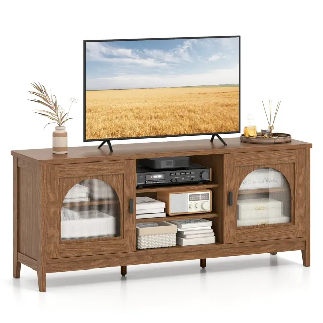 Costway Farmhouse TV Stand for TVs up to 65" Modern Vintage TV Cabinet for Living Room Walnut