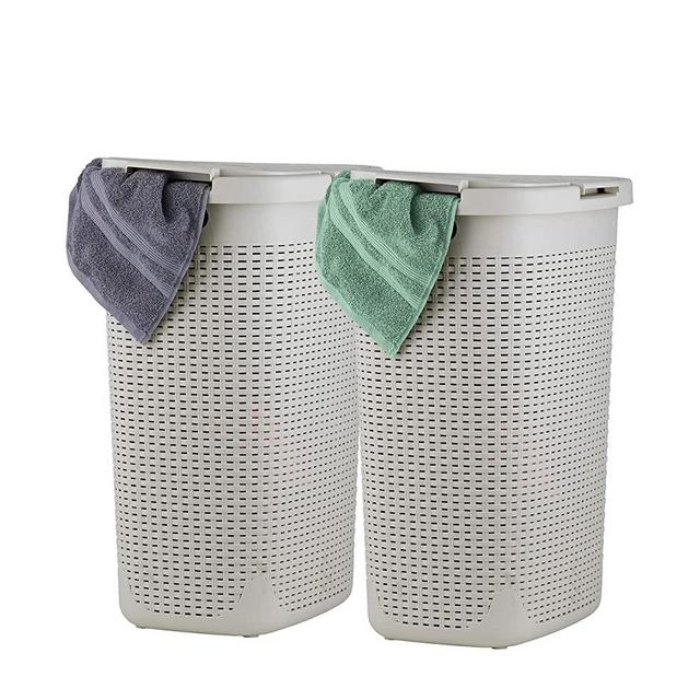 Superio Laundry Hamper with Lid 60 Liter Ivory (2 Pack) Plastic Wicker Large Hampers Basket with Cutout Handles, Deluxe Bin to Storage Dirty Cloths in Washroom Bathroom