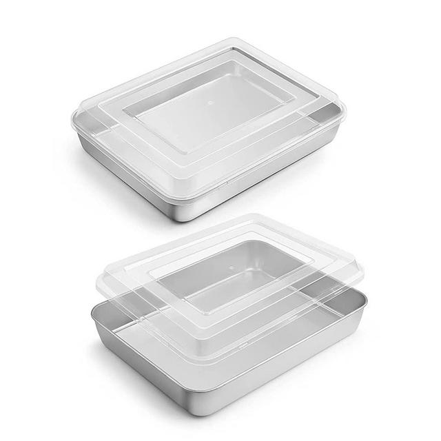 Small Baking Pan with Lid, E-far 9.4”x 7” x 2” Stainless Steel Rectangle Sheet Cake Pans for Toaster Oven, Metal Covered Bakeware for Cakes Brownies Casseroles, Non-toxic & Dishwasher Safe - Set of 2