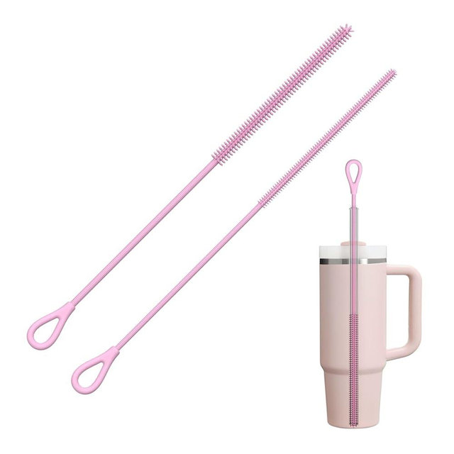 YOTIME Silicone Straw Cleaner Brush, 2Pcs Reusable Straw Brush Extra Long for Cleaning Tumbler with Handle and Glass Metal Smoothie Straws, Non-slip Handle Soft and Bendable, 6mm+9mm, Pink